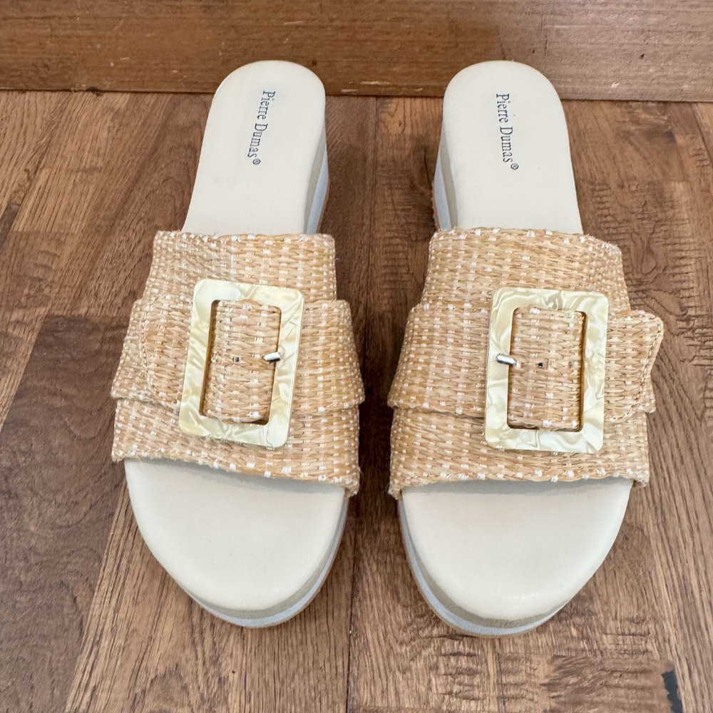 New Pierre Dumas Saint Wedge Sandal Slide Woven Tortoise Buckle Size 10 - Picture 3 of 9